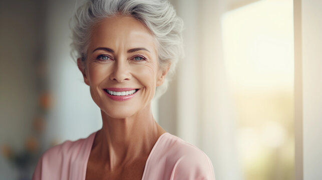 An elderly woman with healthy skin and gray hair smiles. 