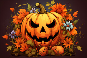Pumpkin jack-o-lantern with flowers background. Happy Halloween concept