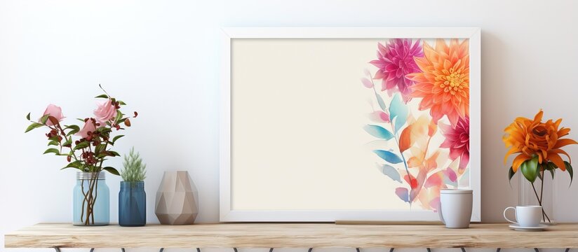 White framed product mock up with space for text and colorful summer backdrop featuring a white vase