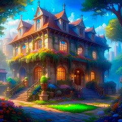 Fototapeta premium Magic castle in the mist. Digital painting. Fantasy landscape. Illustration.