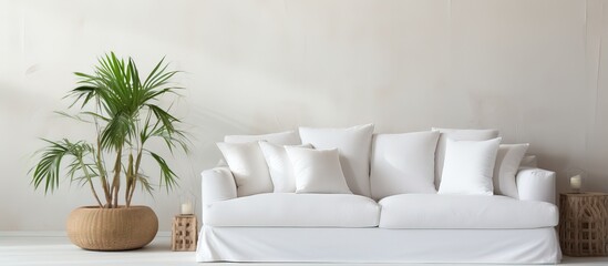 White upholstered sofa with a pair of cushions