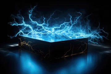 Foto op Canvas mysterious black stone podium in a cloud of electrical discharges, ai tools generated image © whitehoune