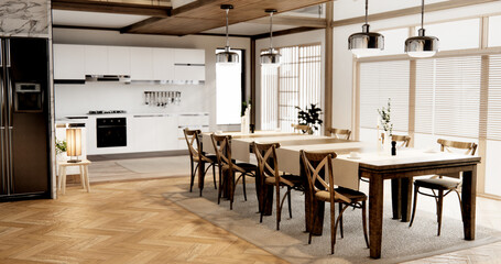 dinner room japanese style with long table and wooden chairs in room japandi.