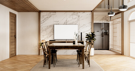 dinner room japanese style with long table and wooden chairs in room japandi.