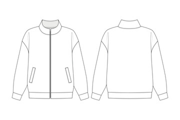 Fashion technical drawing of the zipped sweatshirt with stand collar. Hoodless zip up jacket sketch - obrazy, fototapety, plakaty