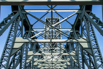 Low angle view of the steel structure of vertical-lift rail bridge De Hef (the lift) officially...