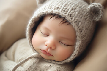 Fototapeta na wymiar Beautiful newborn baby sleeps in a knitted hat. Close-up portrait of newborn baby sleeping in bed. Beautiful newborn baby boy in gray clothes, one year old baby concept.