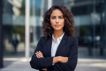 The dark -haired businesswoman stands, crossing his hands in front of him, against the background of an office building