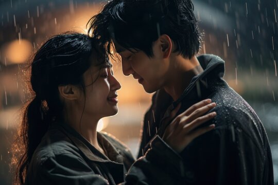 A cinematic-style photo featuring a young Korean couple embracing passionately in the rain, showcasing their deep love and intense drama. Korean dorama