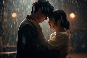 In a cinematic manner, a young Korean guy and girl stand in the rain, their love painted vividly, revealing raw, passionate emotion. Korean dorama - obrazy, fototapety, plakaty