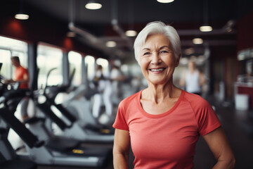 An elderly thin woman in the gym leads a healthy lifestyle