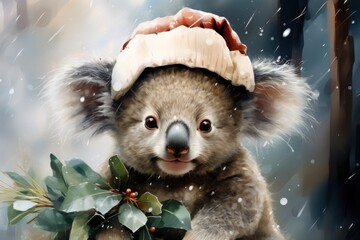 Bring in the holiday spirit with this cute watercolor koala, perfect for Christmas postcards.