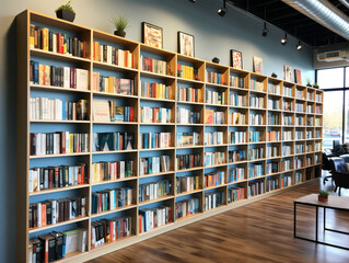 A wall of shelves showcasing books on business and leadership principles with various titles.