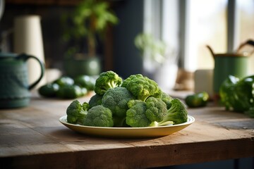 Healthy broccolis on the plate in the kitchen 