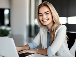 a young smiling beautiful woman is working at a laptop in the office
