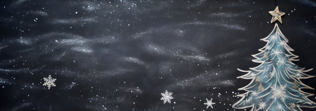 Christmas drawing on a blackboard. Black background with copy space