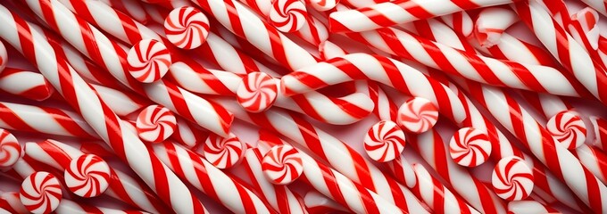 White and red shiny Christmas candy canes, minimal flat lay pattern background. - Powered by Adobe
