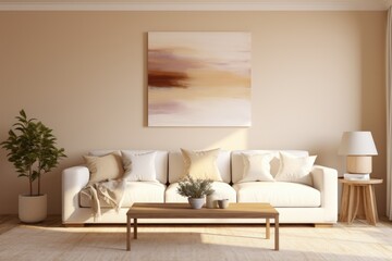 Beige sofa in the contemporary living room minimalist interior in neutral colors