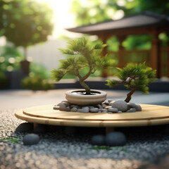 A zen garden outside with a bamboo fountain 
