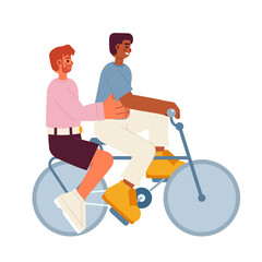 Friends riding on bike semi flat color vector characters. Bicycle for two people. Outdoor activity. Editable full body people on white. Simple cartoon spot illustration for web graphic design