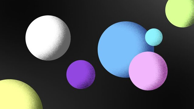 Painted balls. Cartoon planet. Colorful balls in motion flying on the dark background. Space objects in drawn style. Painted planets. Video 4K