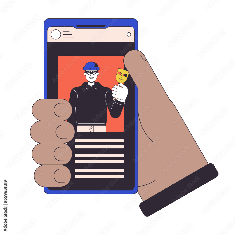 Aufkleber holding smartphone flat line concept vector spot illustration. stealing identity. cyber thief 2d car