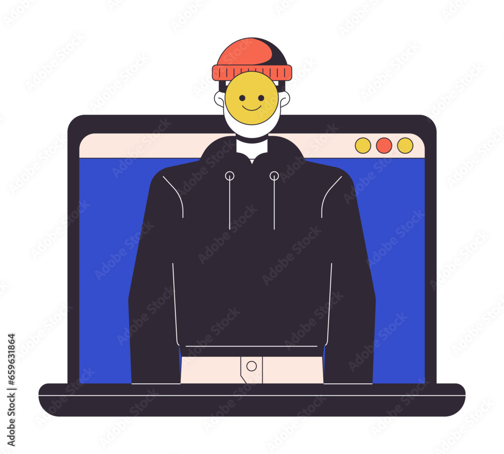 Poster identity theft on laptop flat line concept vector spot illustration. stolen personality. hacker 2d c