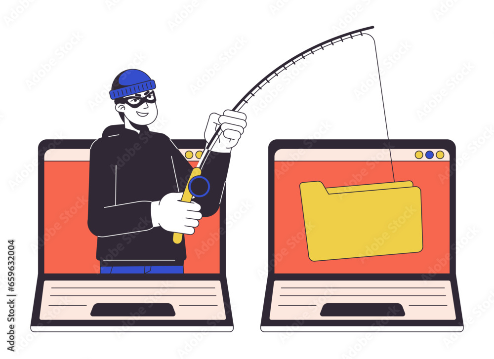 Poster phishing confidential information flat line concept vector spot illustration. phishing attack. steal