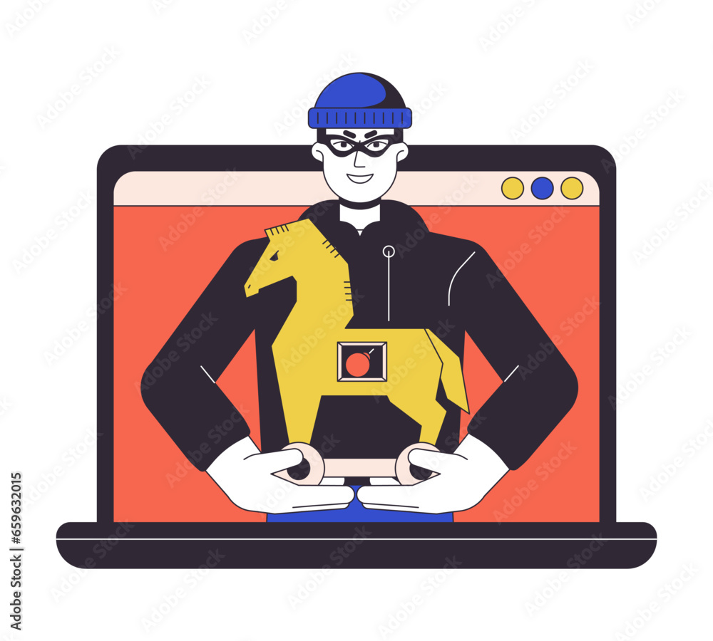 Poster trojan virus on laptop flat line concept vector spot illustration. man launch virus 2d cartoon outli