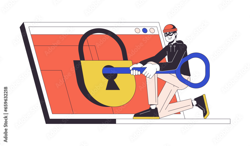 Poster hacking padlock flat line concept vector spot illustration. laptop. man with key trying to open 2d c