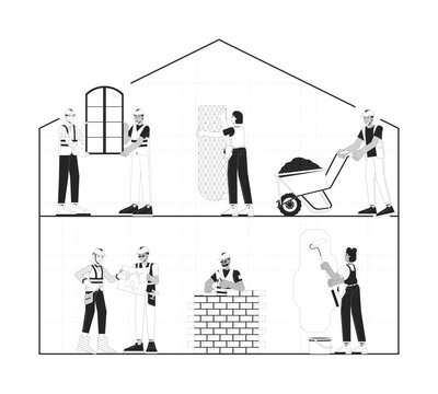 Home construction site black and white 2D illustration concept. Diverse building contractors cartoon outline characters isolated on white. Installers, builders hardhat metaphor monochrome vector art