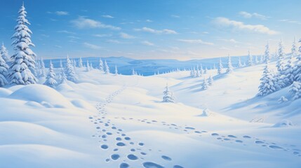 A pristine snowscape, with animal tracks meandering towards the horizon.