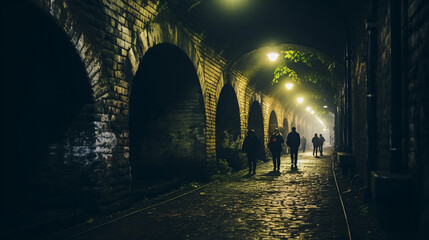 Obraz premium a cobblestone tunnel in an ancient European city, misty and dimly lit, gas lamps glowing