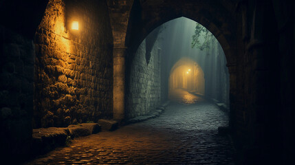 a cobblestone tunnel in an ancient European city, misty and dimly lit, gas lamps glowing - obrazy, fototapety, plakaty