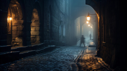 Fototapeta na wymiar a cobblestone tunnel in an ancient European city, misty and dimly lit, gas lamps glowing