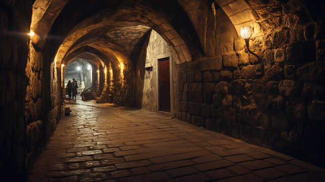 a cobblestone tunnel in an ancient European city, misty and dimly lit, gas lamps glowing