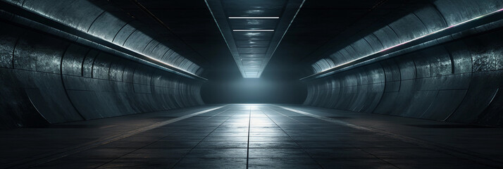 secret government tunnel, illuminated with fluorescent lights, heavy steel doors, ominous atmosphere