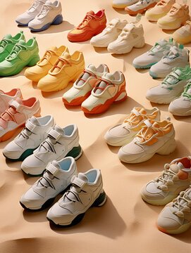 a selection of children’s shoes, ranging from sneakers to sandals, arranged in a semicircle, pastel background