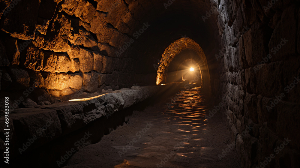 Wall mural ancient underground tunnel, illuminated by flickering torches, stone walls adorned with hieroglyphic