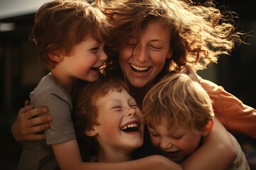 a woman is hugging three children and laughing - obrazy, fototapety, plakaty
