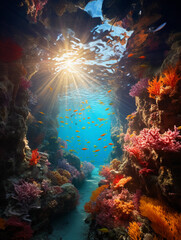 underwater tunnel teeming with colorful coral reefs and exotic fish, sun rays filtering through the water