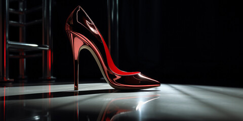 a single elegant red stiletto heel, standing on a glass surface, reflective, dramatic studio lights creating long shadows - obrazy, fototapety, plakaty
