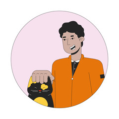 Middle eastern teen boy petting cat 2D line vector avatar illustration. Arab young man scratching kitty domestic outline cartoon character face. Pet owner male flat color user profile image isolated
