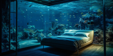 Underwater hotel room, glass walls revealing ocean life, soft artificial lighting complementing natural blue ocean light