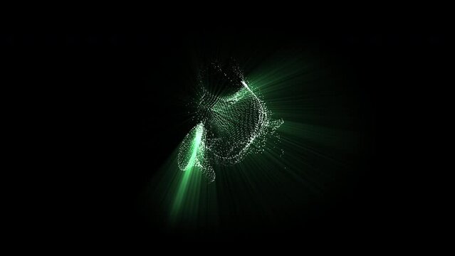 Slow motion of abstract green and white particles on a black background. Motion background.