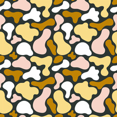 Abstract seamless pattern, imitation of animal skin print with mustard, beige, yellow and white spots on a dark gray background. Vector illustration. For wrapping, backgrounds, textile.