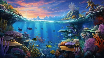 Obraz na płótnie Canvas A serene coral reef teeming with vibrant marine life beneath clear waters.