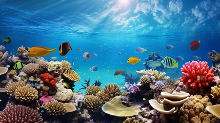 Fototapeta na wymiar A serene coral reef teeming with vibrant marine life beneath clear waters.