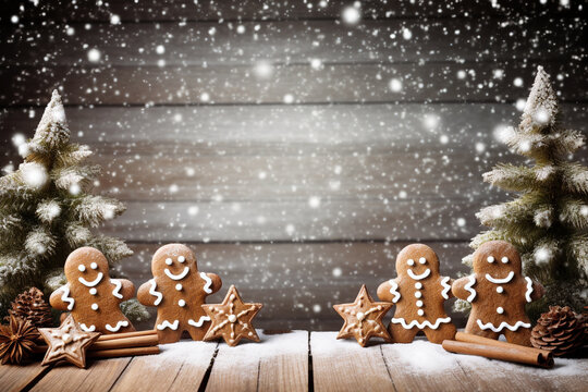Gingerbread men and gingerbread cookies stand against a wooden wall with swirling snowflakes and colorful bokeh.