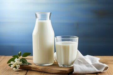 Wholesome dairy display milk and glass on white wood, blue setting